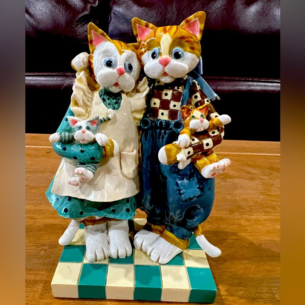 Enseco Cat Couple holding kittens. Donna Little 1997 made of Resin. 6”tall